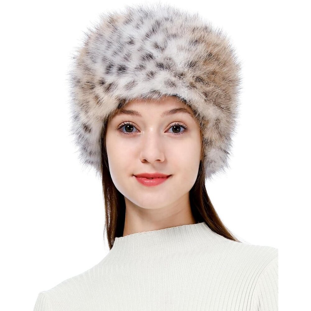 Women's Khaki Leopard Winter Faux Fur Cossak Russian Style Hat Warm Cap